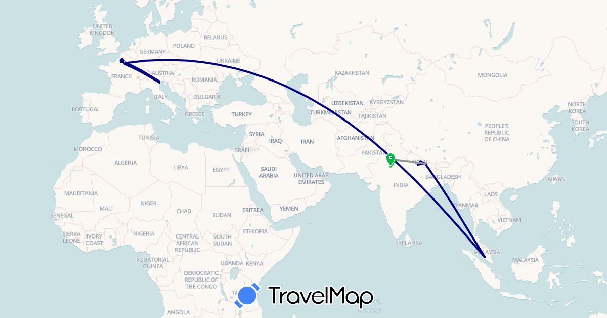TravelMap itinerary: driving, bus, plane in France, India, Italy, Malaysia, Nepal (Asia, Europe)